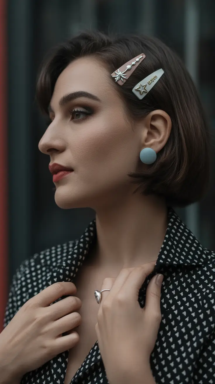 summer short haircut ideas 2026 Vintage Inspired Short Bob With Statement Clips