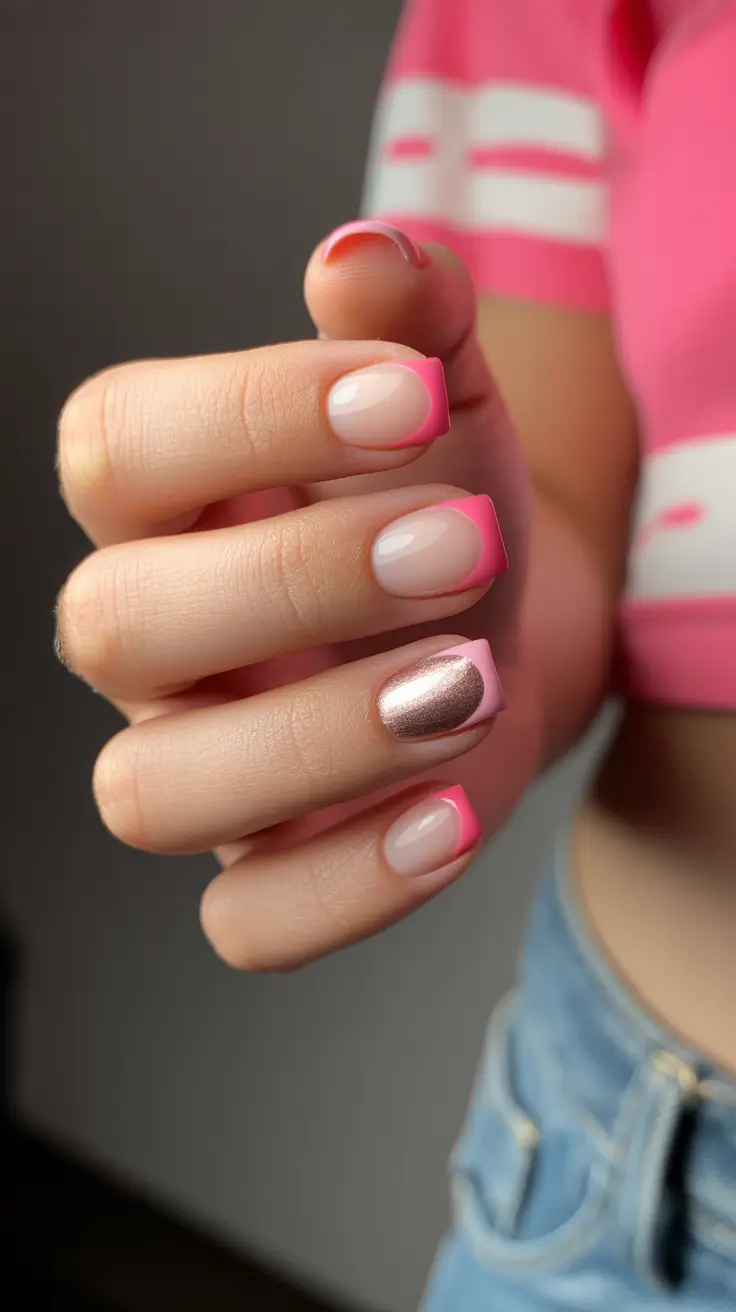 summer short nail inspo 2026 Glossy Pink Edges With a Chrome Accent