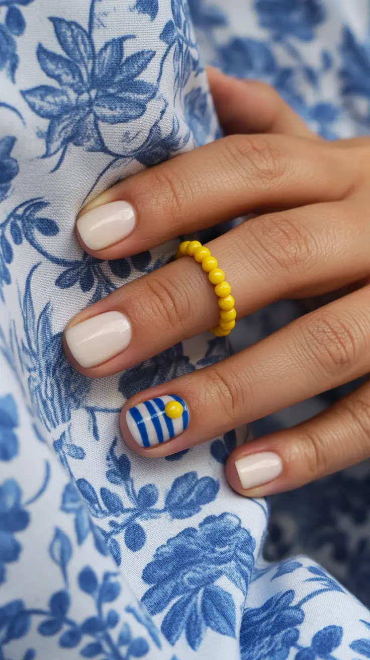summer short nail inspo 2026 Blue Stripes With a Sunny Accent