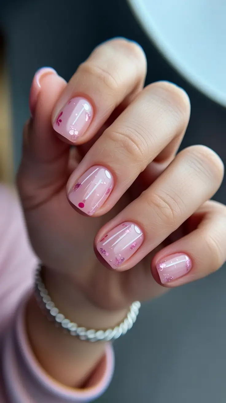 summer short nail inspo 2026 Soft Pink Jelly With Floating Glitter