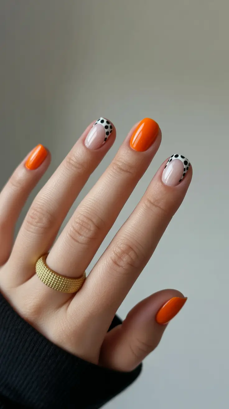 summer short nail inspo 2026 Orange Pop With Playful Dot Accents