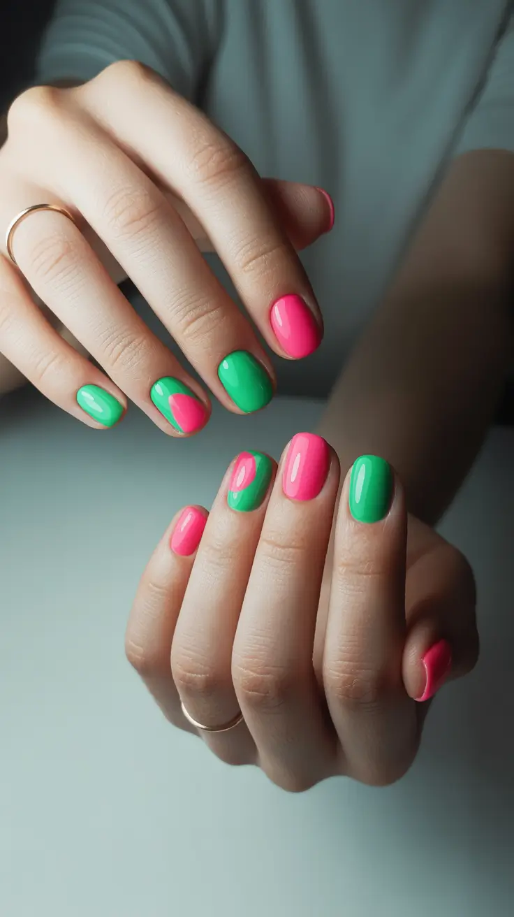 summer short nail inspo 2026 Green and Pink Color Clash Minimalism