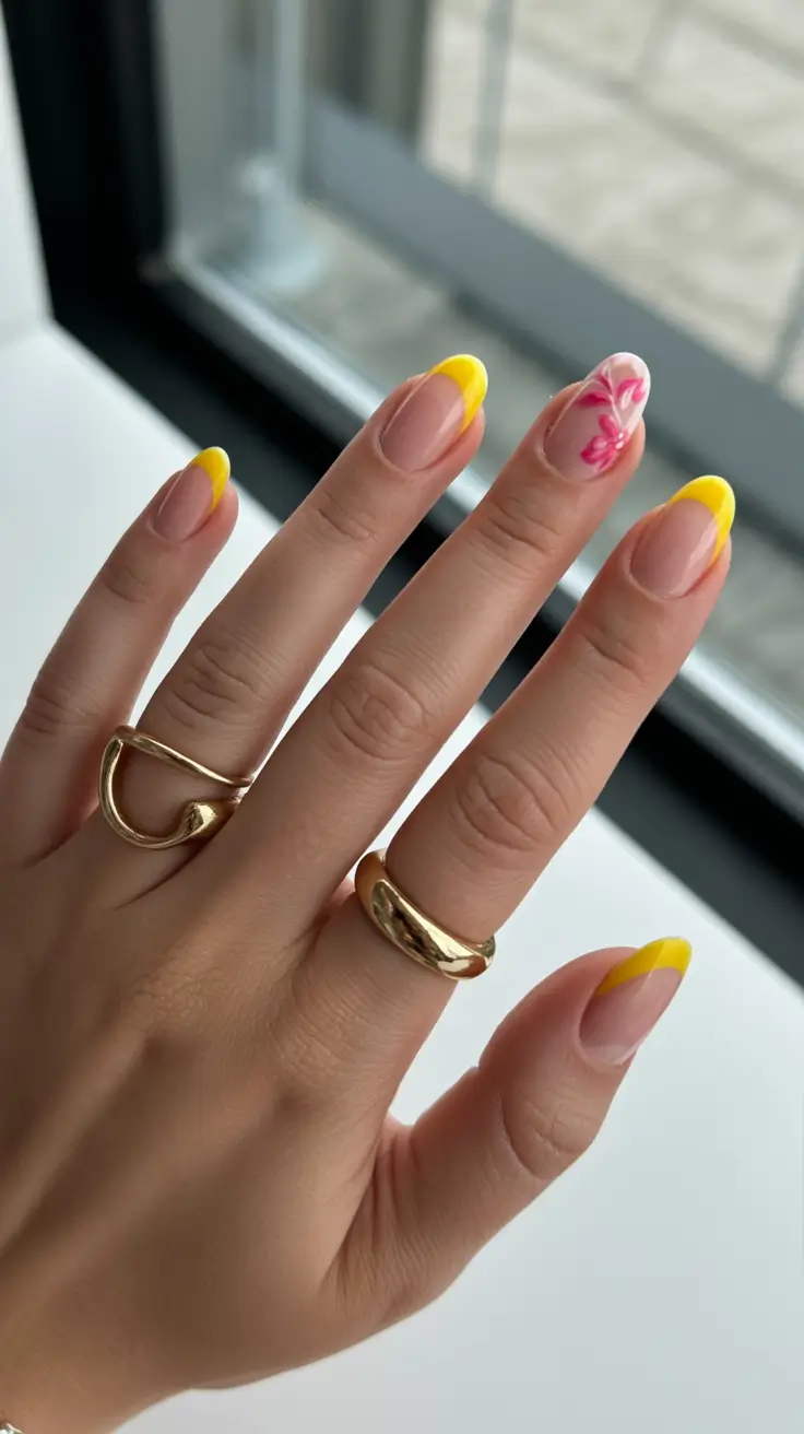 summer short nail inspo 2026 Yellow French With a Soft Floral Detail