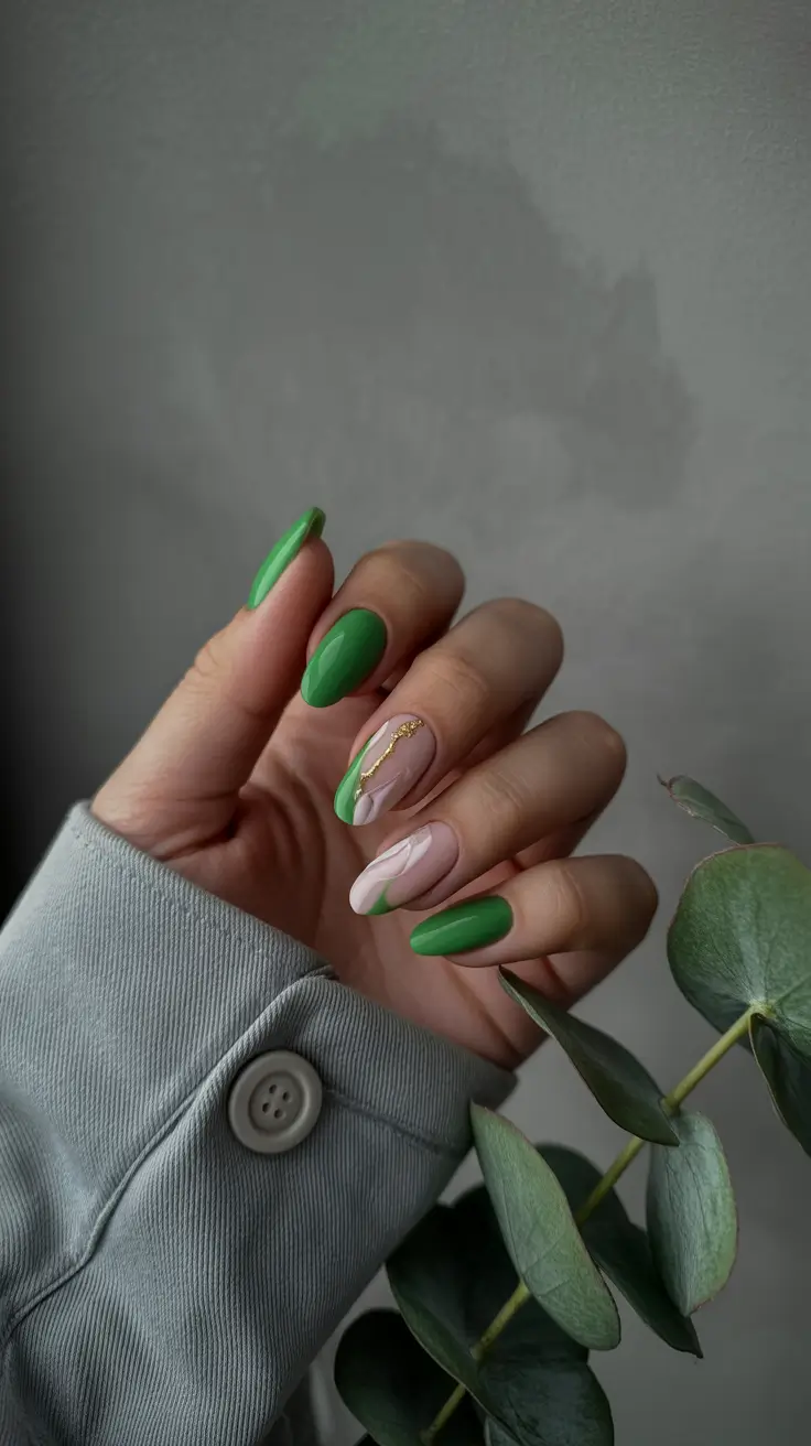 top spring nail colors 2026 Botanical Green Nails with Elegant Marble Accent