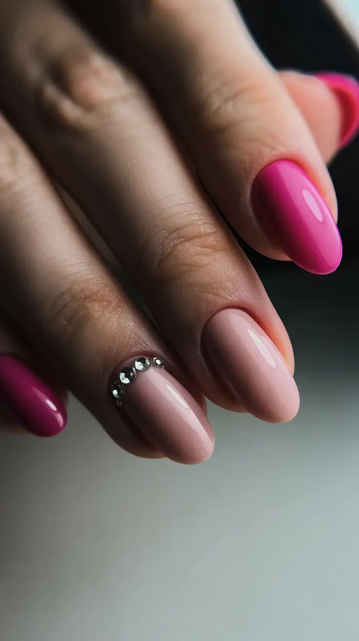top spring nail colors 2026 Pink and Nude Elegance with Subtle Crystal Detail