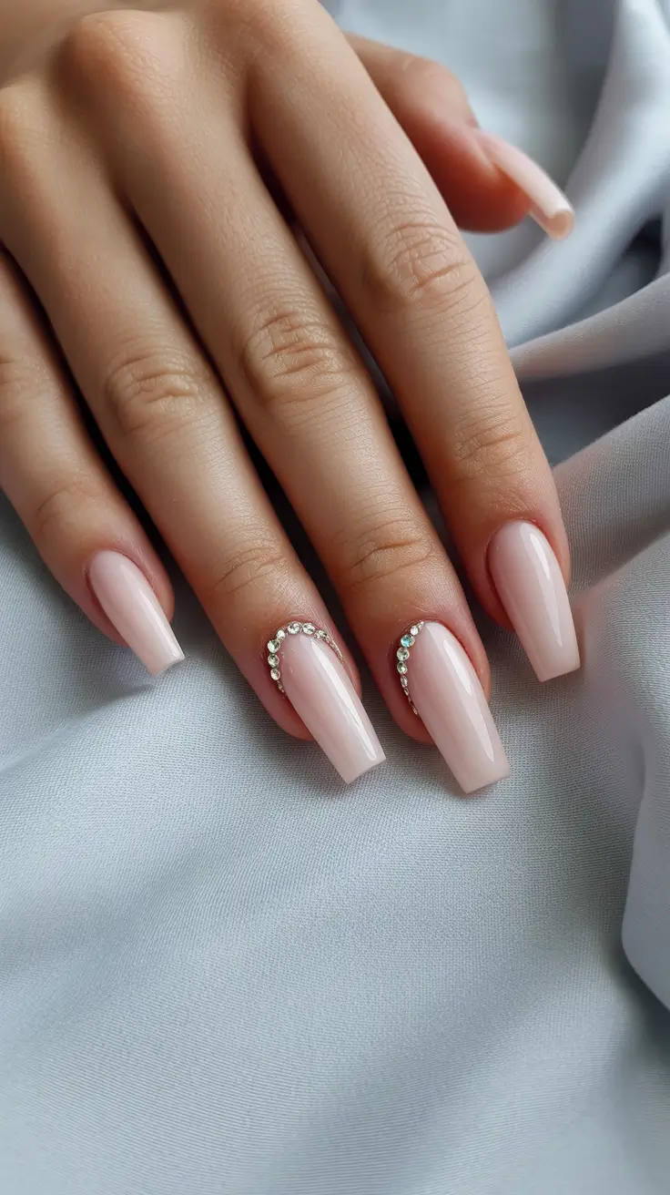 top spring nail colors 2026 Minimal Nude Nails with Crystal Curve Detail