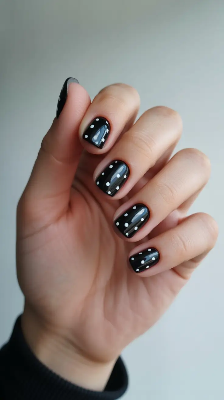 top spring nail colors 2026 Polka Dot Black Nails with Playful Spring Contrast