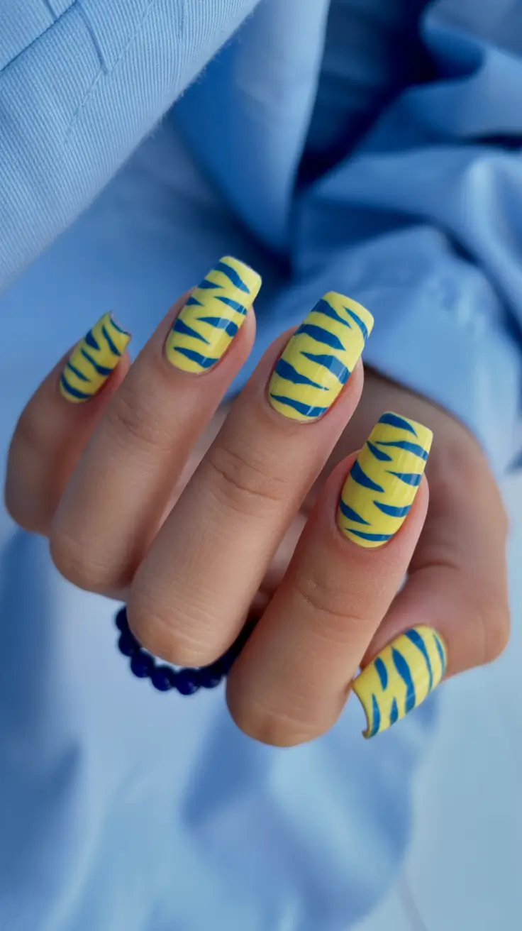 top spring nail colors 2026 Bright Yellow and Blue Zebra Spring Nails