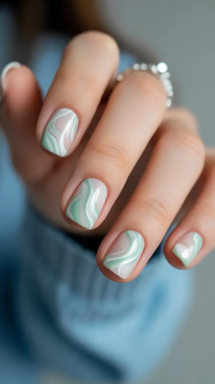 top spring nail colors 2026 Mint Marble Short Nails for a Fresh Early Spring Look