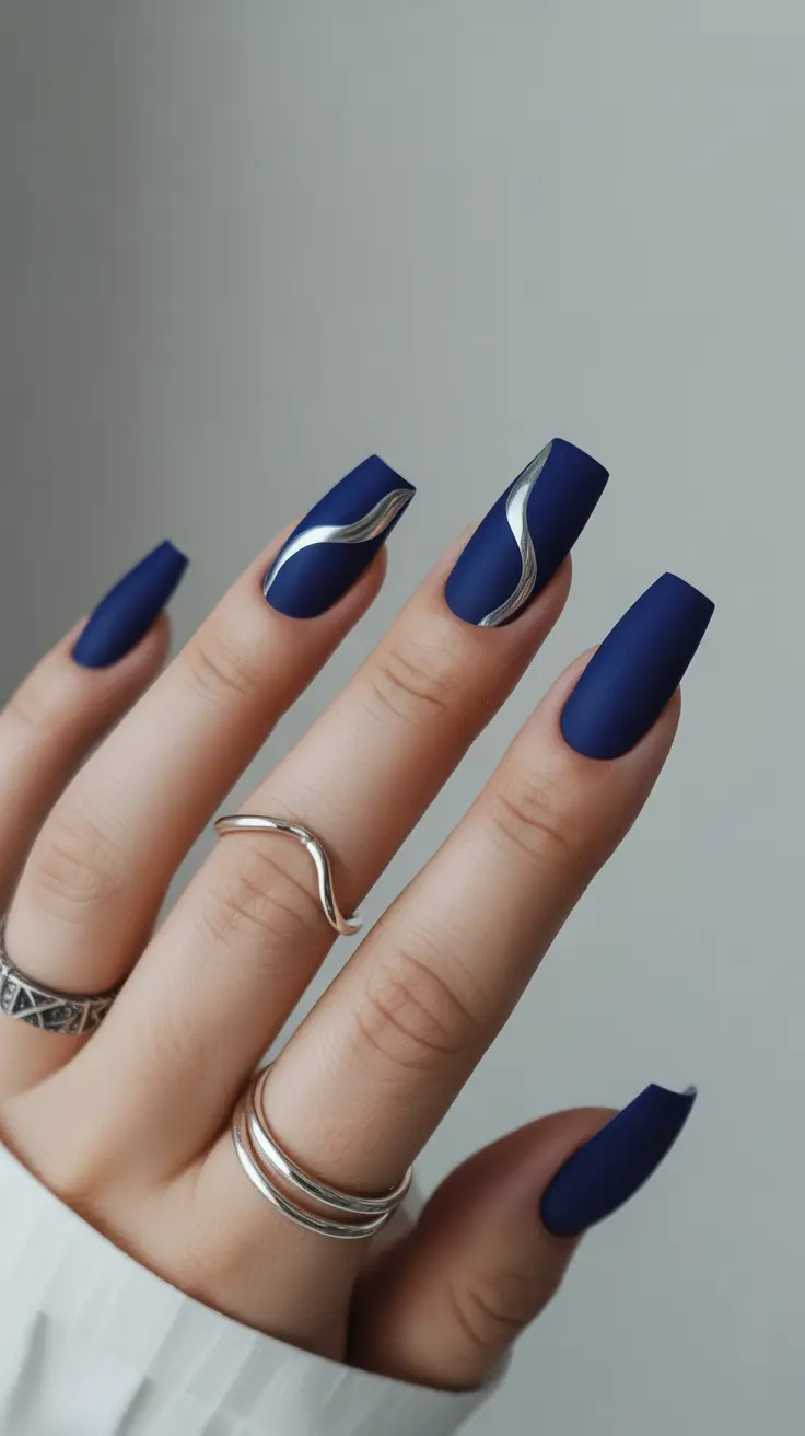top spring nail colors 2026 Deep Matte Navy with Modern Metallic Lines