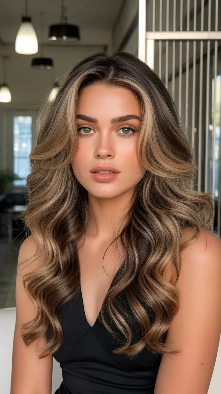 vibrant spring balayage hair color ideas 2026 Dimensional brunette balayage with sunlit caramel waves