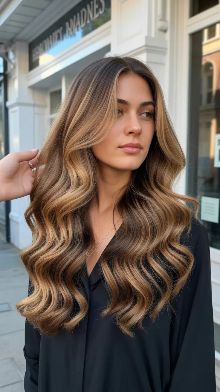 vibrant spring balayage hair color ideas 2026 Golden caramel balayage with soft dimensional waves