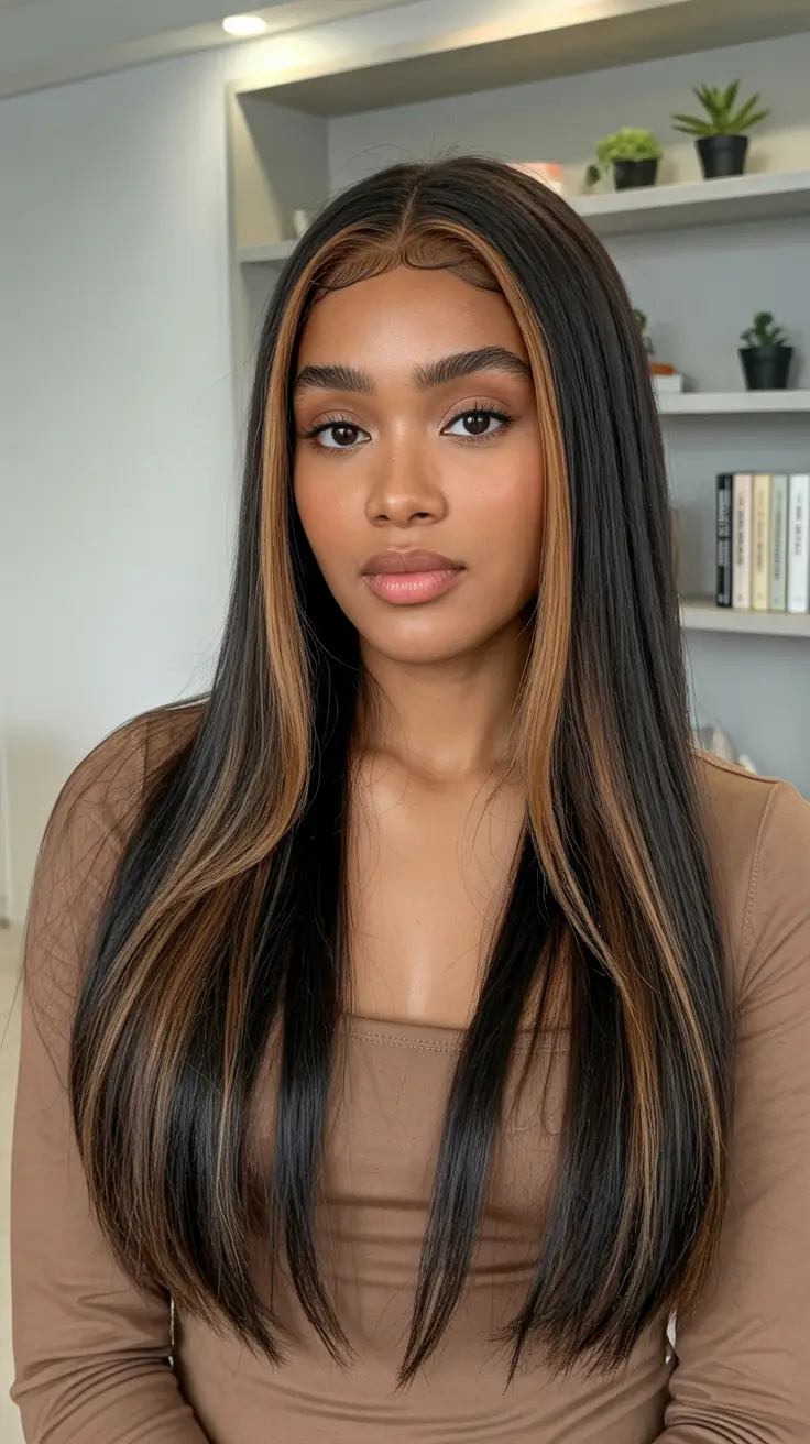 vibrant spring balayage hair color ideas 2026 Bold face framing caramel balayage on sleek dark brunette hair