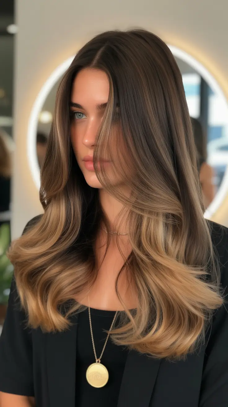 vibrant spring balayage hair color ideas 2026 Dimensional mocha balayage with soft blonde ribbons