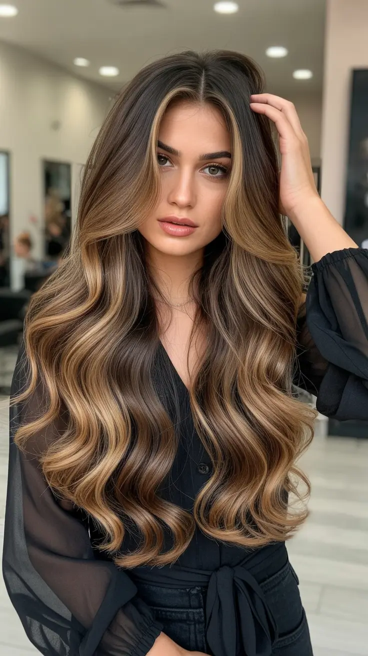 vibrant spring balayage hair color ideas 2026 Deep brunette balayage with caramel sunlit waves