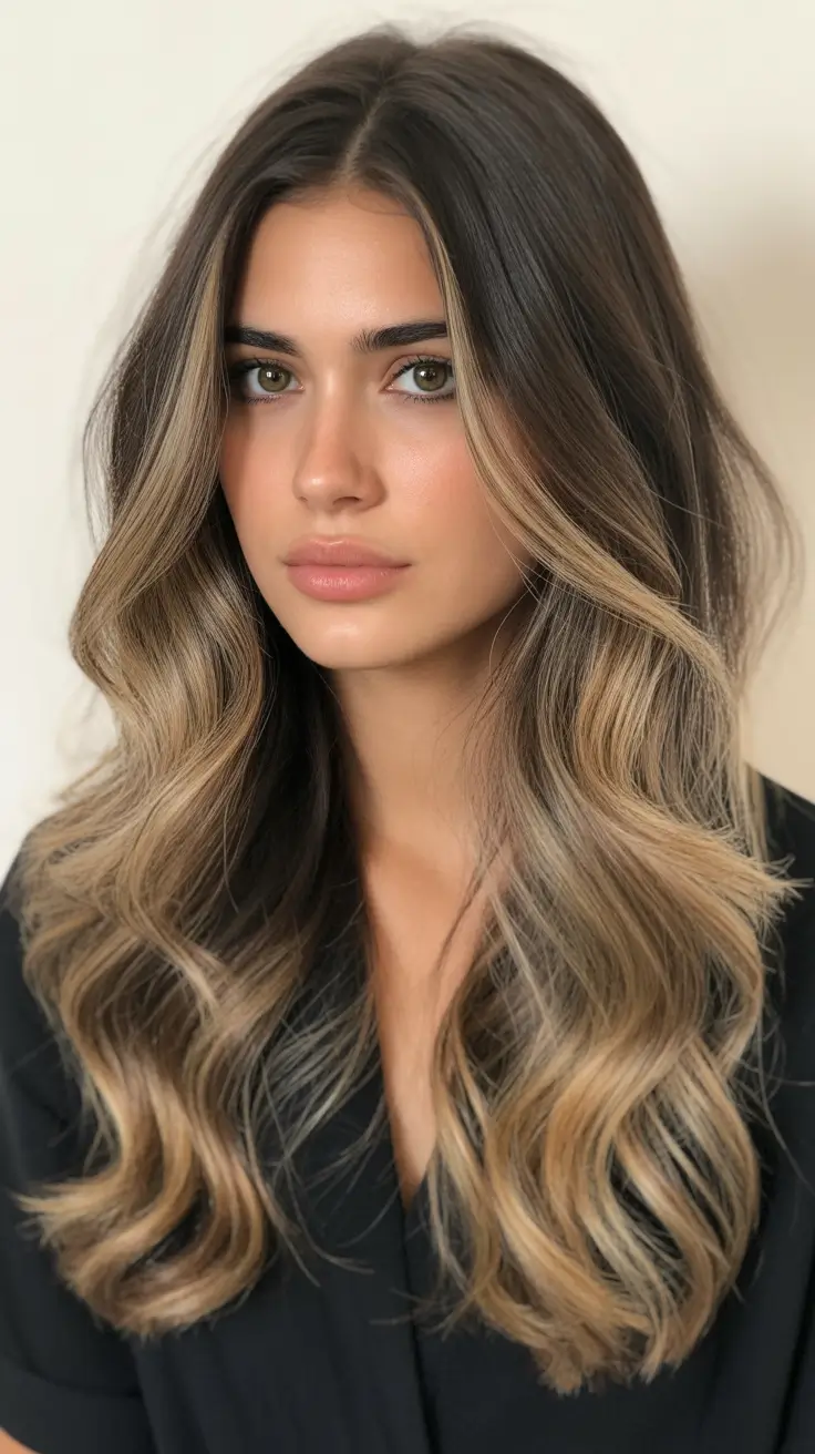 vibrant spring balayage hair color ideas 2026 Soft mocha balayage with luminous blonde ribbons
