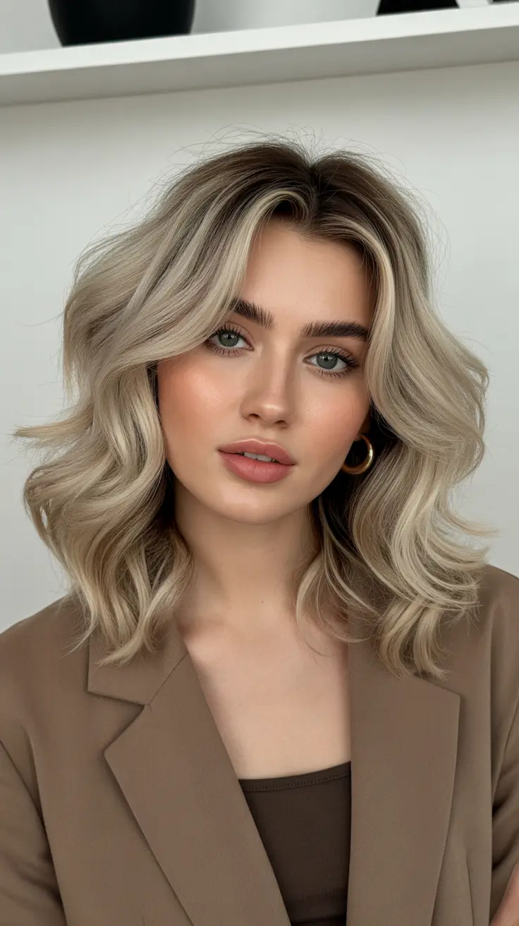 vibrant spring balayage hair color ideas 2026 Cool champagne blonde balayage with soft layered volume