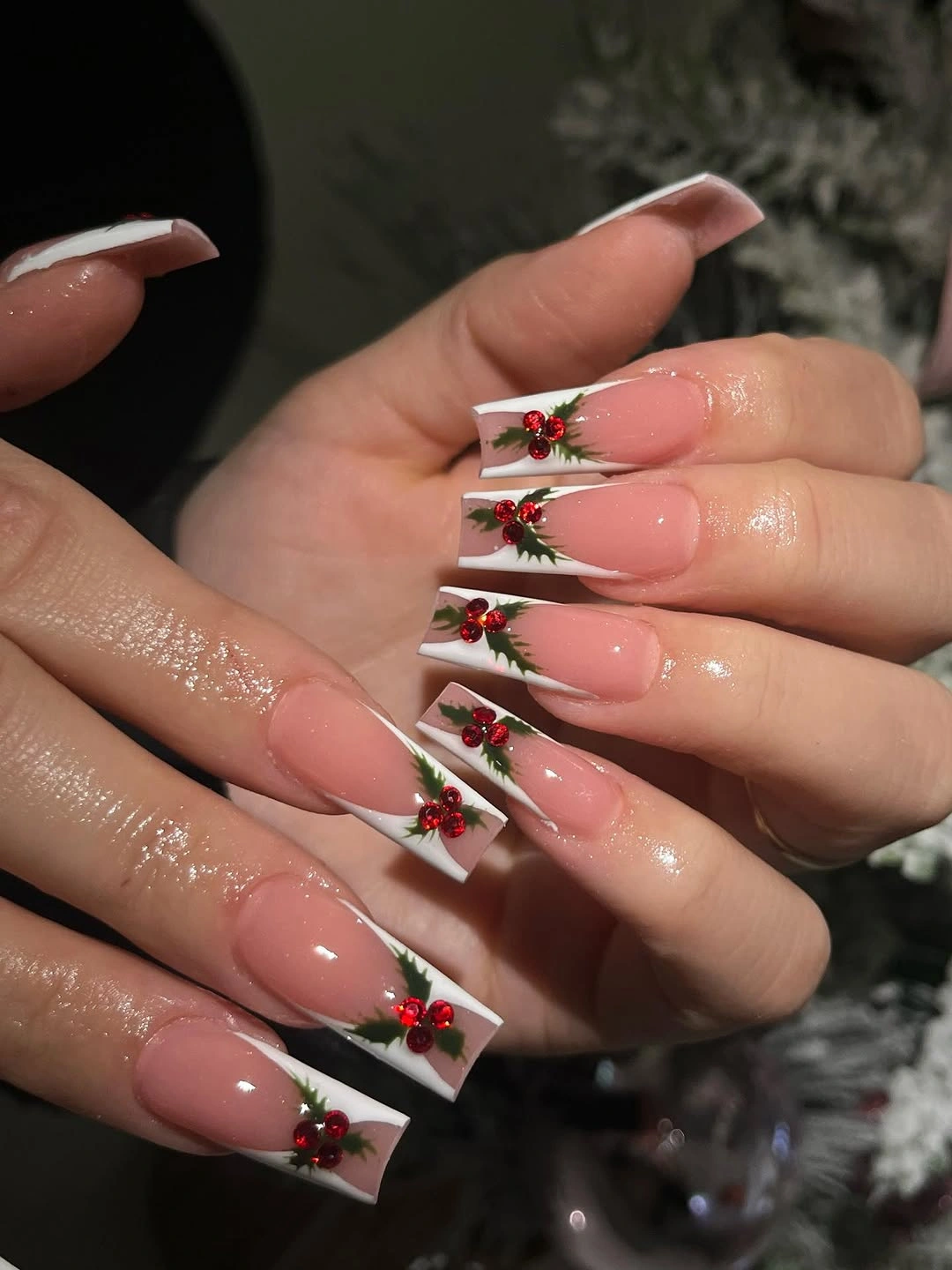Long square French nails with white tips and red berry greenery